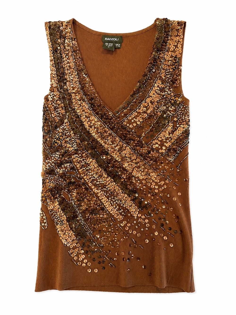 Brown Sequin Embellished V-Neck Tank